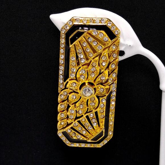 Art Deco Style Large Earrings, Clear Rhinestones, Black Enamel, 1980s Vintage - Picture 2 of 10